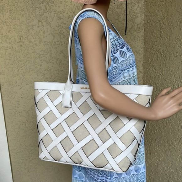 Michael Kors Sienna Large Tote Shoulder Bag Optic White Multi Leather Canvas - Picture 14 of 16